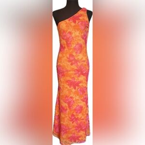 One shoulder Orange and Pink Floral Cocktail Gown. Women’s size Medium.